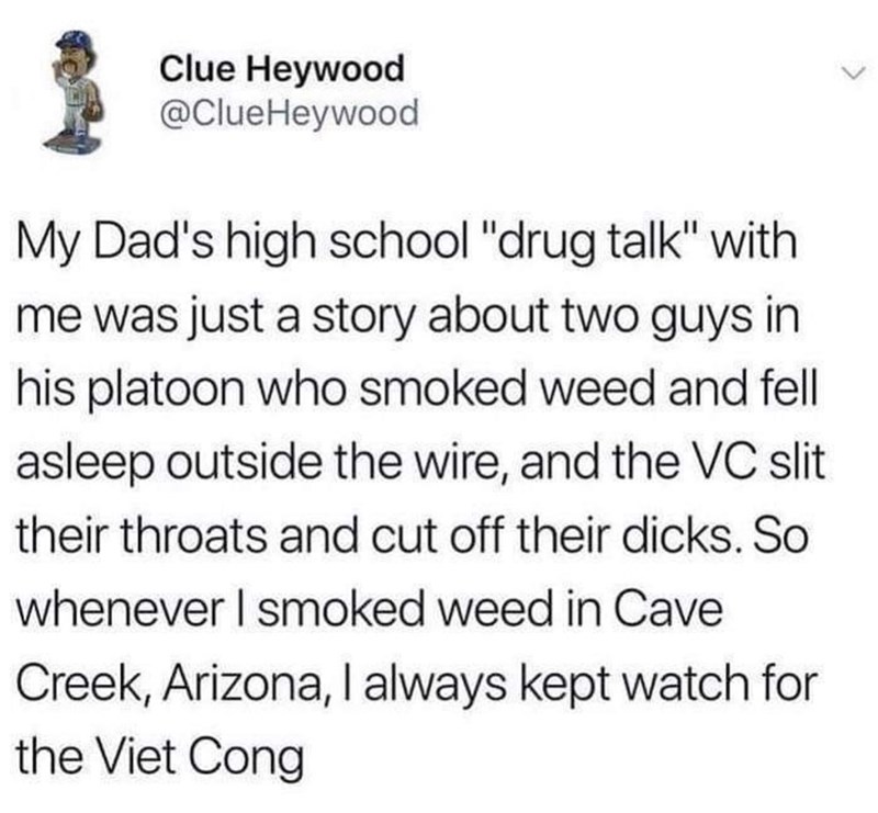 Clue Heywood Heywood My Dad's high school "drug talk" with me was just a story about two guys in his platoon who smoked weed and fell asleep outside the wire, and the Vc slit their throats and cut off their dicks. So whenever I smoked weed in Cave Creek,…