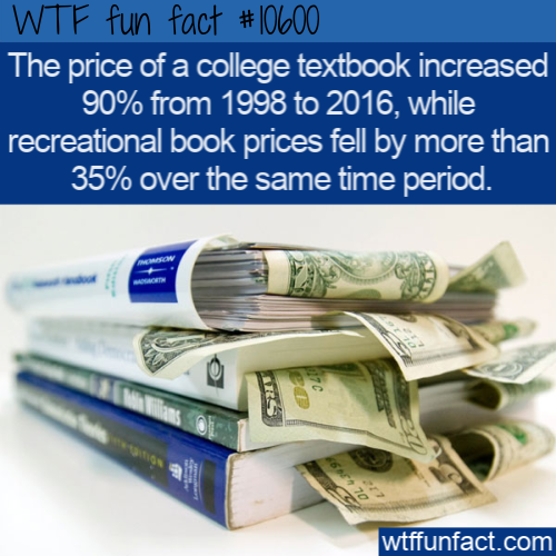 book & money - Wtf fun fact The price of a college textbook increased 90% from 1998 to 2016, while recreational book prices fell by more than 35% over the same time period. wtffunfact.com