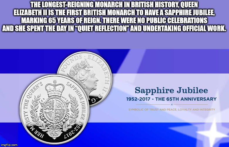 karne günü - The LongestReigning Monarch In British History. Queen Elizabeth U Is The First British Monarch To Have A Sapphire Jubilee. Marking 65 Years Of Reign. There Were No Public Celebrations And She Spent The Day In Mouiet Reflection" And Undertakin