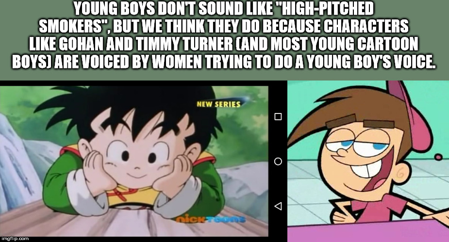 dragon ball z gohan - Young Boys Dont Sound "HighPitched Smokers", But We Think They Do Because Characters Gohan And Timmy Turner Cand Most Young Cartoon Boys Are Voiced By Women Trying To Do A Young Boy'S Voice. New Series 0 0 A imgflip.com