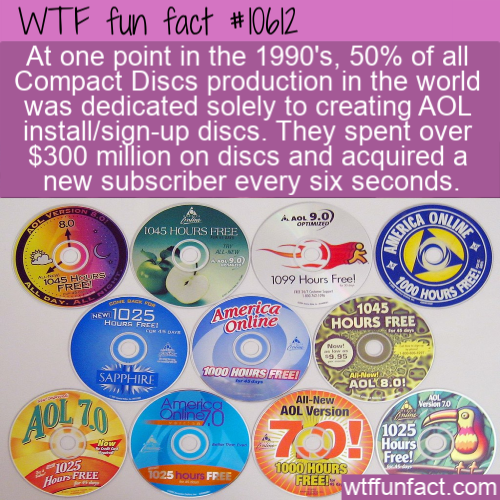 aol cds - Wtf fun fact At one point in the 1990's, 50% of all Compact Discs production in the world was dedicated solely to creating Aol installsignup discs. They spent over $300 million on discs and acquired a new subscriber every six seconds. 08.0 A Aol