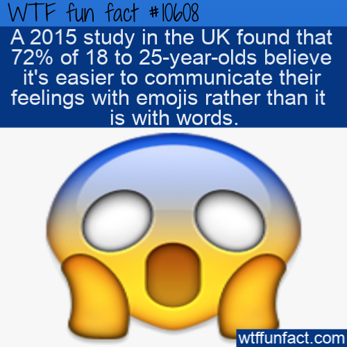 smile - Wtf fun fact A 2015 study in the Uk found that 72% of 18 to 25yearolds believe it's easier to communicate their feelings with emojis rather than it is with words. wtffunfact.com