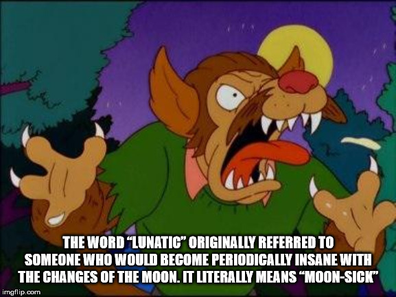 treehouse of horror x - The Word "Lunatic" Originally Referred To Someone Who Would Become Periodically Insane With The Changes Of The Moon. It Literally Means MoonSick" imgflip.com