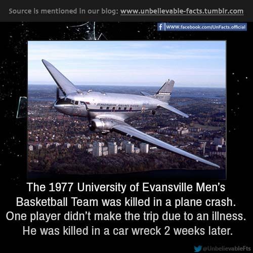 facts - douglas dc 3 - Source is mentioned in our blog fwww.facebook.comUnFacts.official The 1977 University of Evansville Men's Basketball Team was killed in a plane crash. One player didn't make the trip due to an illness. He was killed in a car wreck 2