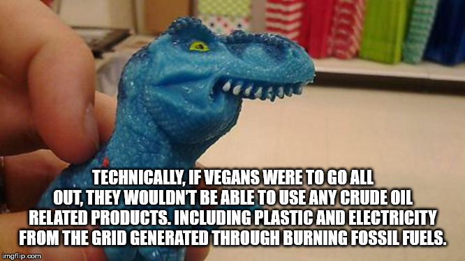 Internet meme - Technically, If Vegans Were To Go All Out They Wouldn'T Be Able To Use Any Crude Oil Related Products Including Plastic And Electricity From The Grid Generated Through Burning Fossil Fuels. imgflip.com