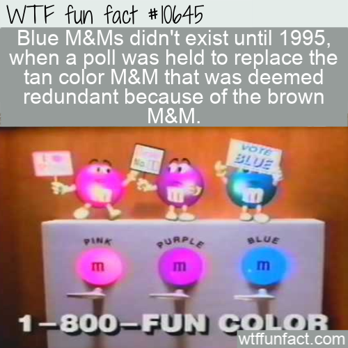 media - Wtf fun fact Blue M&Ms didn't exist until 1995, when a poll was held to replace the tan color M&M that was deemed redundant because of the brown M &M. Vo Blue Blue 1800Fun Colori wtffunfact.com