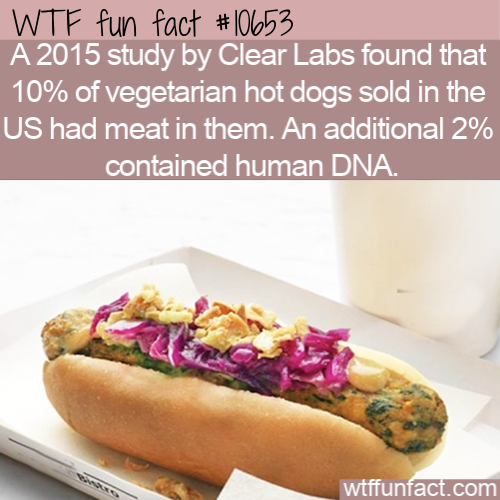 Wtf fun fact A 2015 study by Clear Labs found that 10% of vegetarian hot dogs sold in the Us had meat in them. An additional 2% contained human Dna. wtffunfact.com