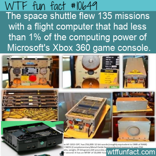 electronics - Wtf fun fact The space shuttle flew 135 missions with a flight computer that had less than 1% of the computing power of Microsoft's Xbox 360 game console. Cantin y Ram Sgpc 56.000 32bitw Moscos wtffunfact.com
