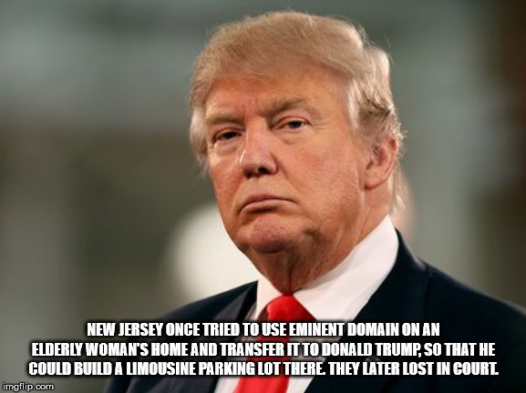 donald john trump - New Jersey Once Tried To Use Eminent Domain On An Elderly Woman'S Home And Transfer It To Donald Trump So That He Could Build A Limousine Parking Lot There. They Later Lost In Court imgflip.com