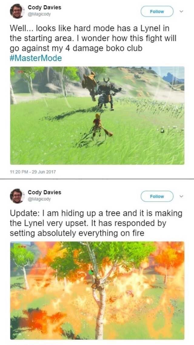 zelda this is fine - Cody Davies Well... looks hard mode has a Lynel in the starting area. I wonder how this fight will go against my 4 damage boko club Cody Davies Update I am hiding up a tree and it is making the Lynel very upset. It has responded by se
