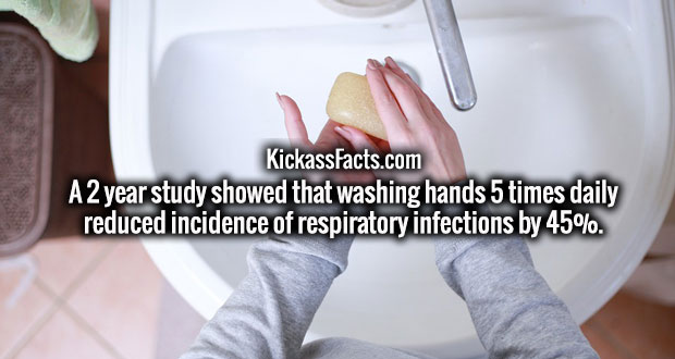Hand washing - KickassFacts.com A2 year study showed that washing hands 5 times daily reduced incidence of respiratory infections by 45%.
