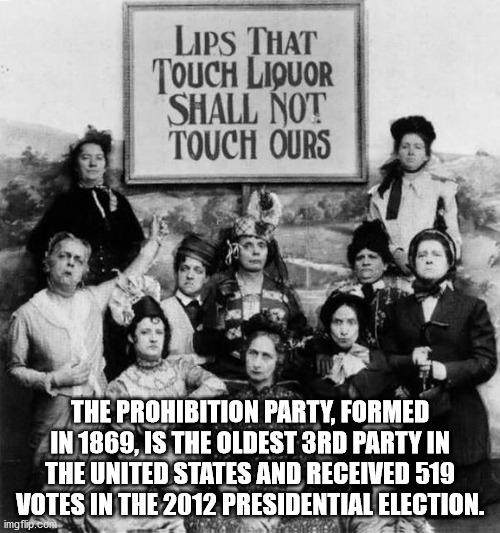 anti saloon league - Lips That Touch Liquor Shall Not Touch Ours The Prohibition Party, Formed In 1869, Is The Oldest 3RD Party In The United States And Received 519 Votes In The 2012 Presidential Election. imgflip.com