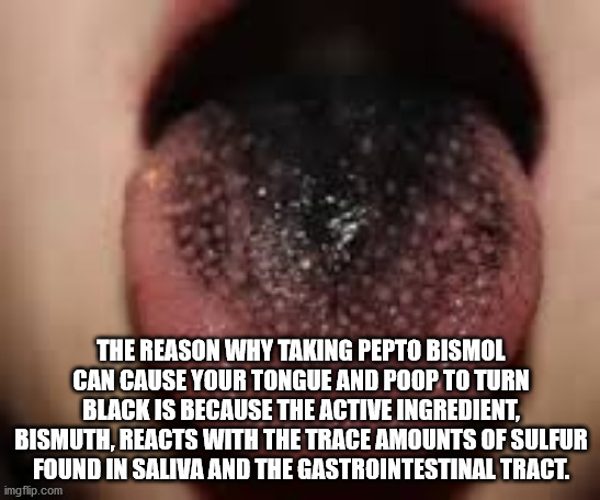 big john duncan - The Reason Why Taking Pepto Bismol Can Cause Your Tongue And Poop To Turni Black Is Because The Active Ingredient. Bismuth, Reacts With The Trace Amounts Of Sulfur Found In Saliva And The Gastrointestinal Tract. imgflip.com