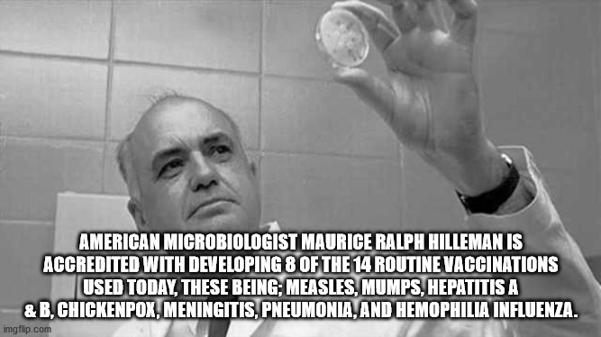 look at this gq - American Microbiologist Maurice Ralph Hilleman Is Accredited With Developing 8 Of The 14 Routine Vaccinations Used Today, These Being Measles, Mumps, Hepatitis A & B.Chickenpox, Meningitis, Pneumonia, And Hemophilia Influenza. imgflip.co