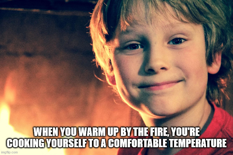 photo caption - When You Warm Up By The Fire, You'Re Cooking Yourself To A Comfortable Temperature imgflip.com