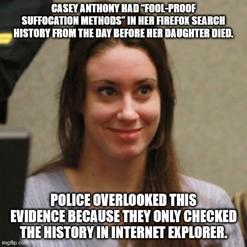 photo caption - Casey Anthony Had FoolProof Suffocation Methods" In Her Firefox Search History From The Day Before Her Daughter Died. Police Overlooked This Evidence Because They Only Checked The History In Internet Explorer. imgflip.com