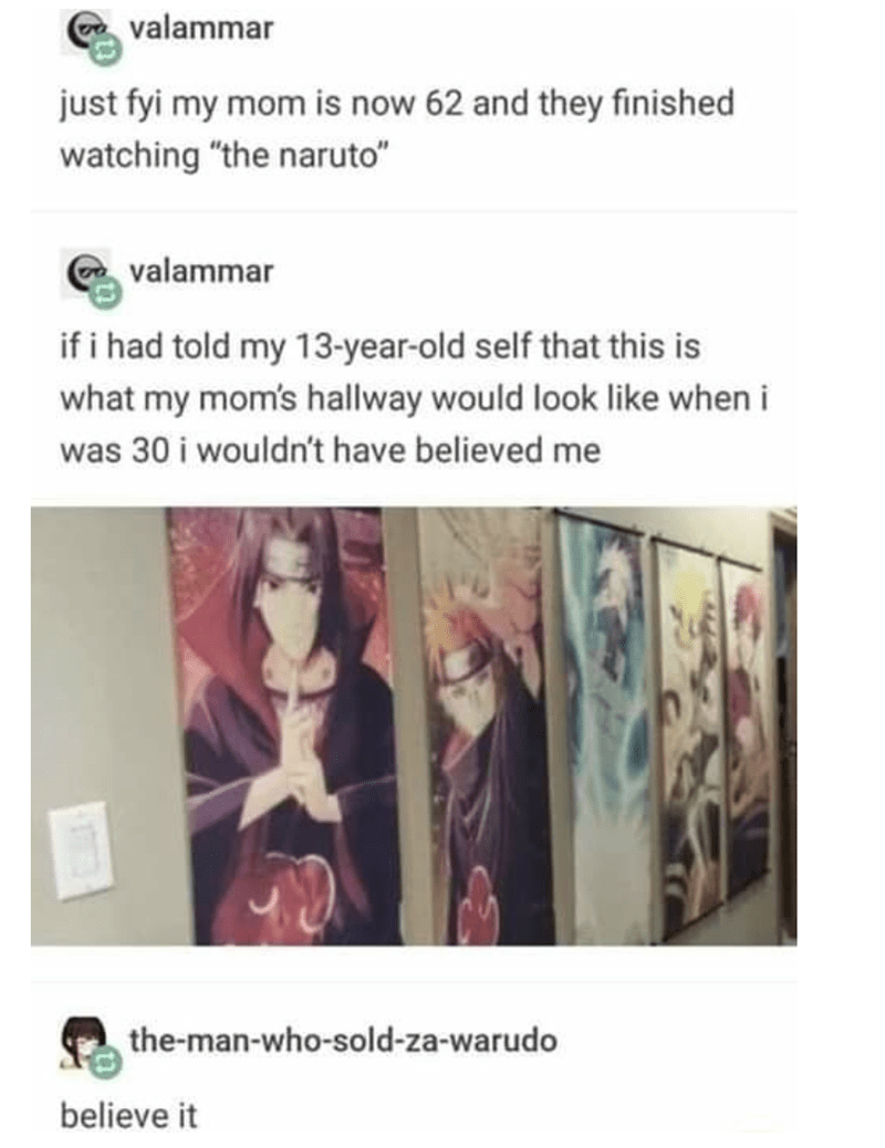 media - en valammar just fyi my mom is now 62 and they finished watching "the naruto" valammar if i had told my 13yearold self that this is what my mom's hallway would look when i was 30 i wouldn't have believed me themanwhosoldzawarudo believe it