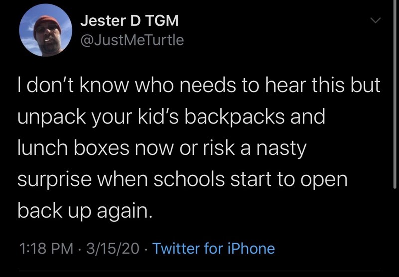 twitter mekita rivas - Jester D Tgm I don't know who needs to hear this but unpack your kid's backpacks and lunch boxes now or risk a nasty surprise when schools start to open back up again. 31520 Twitter for iPhone