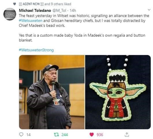 human behavior - Iii Agent Her lll and 9 others d Michael Toledano . 14h The feast yesterday in Witset was historic signalling an alliance between the Wetsuweten and Gitxsan hereditary chiefs, but I was totally distracted by Chief Madeek's bead work Yes t