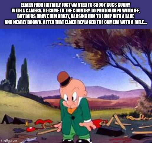 cartoon - Elmer Fudd Initially Just Wanted To Shoot Bugs Bunny With A Camera. He Came To The Country To Photograph Wildufe But Bugs Drove Him Crazy, Causing Him To Jump Into A Lake And Nearly Drowil After That Elmer Replaced The Camera Wmi A Rifle. imgfp.