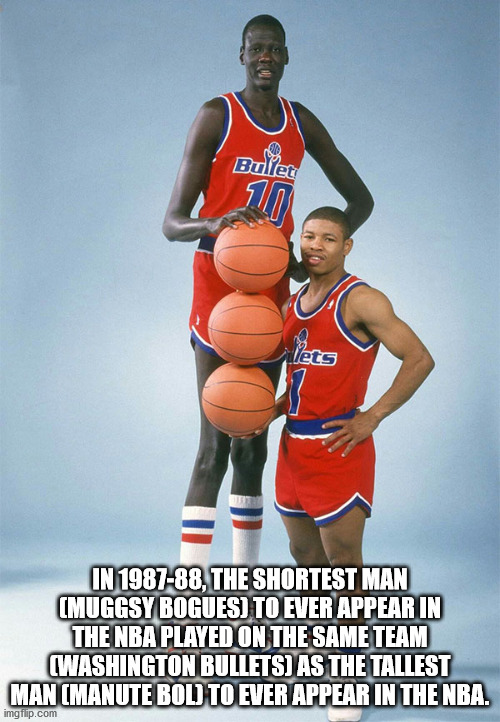 manute bol and muggsy bogues - Image Bullet lets In 198788, The Shortest Man Muggsy Bogues To Ever Appear In The Nba Played On The Same Team Washington Bullets As The Tallest Man Manute Bol To Ever Appear In The Nba. imgilip.com