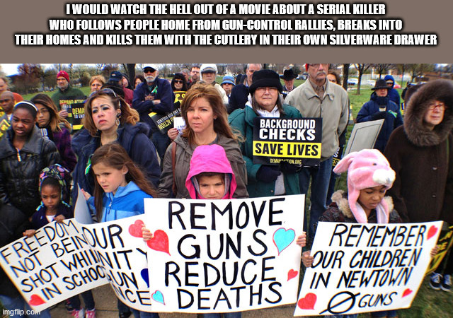gun control movements - I Would Watch The Hell Out Of A Movie About A Serial Killer Who s People Home From GunControl Rallies. Breaks Into Their Homes And Kills Them With The Cutlery In Their Own Silverware Drawer Background Checks Save Lives Dem Remove F