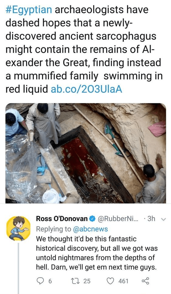 sarcophagus red liquid - archaeologists have dashed hopes that a newly discovered ancient sarcophagus might contain the remains of Al exander the Great, finding instead a mummified family swimming in red liquid ab.co203UlaA Ross O'Donovan .... 3h v We tho
