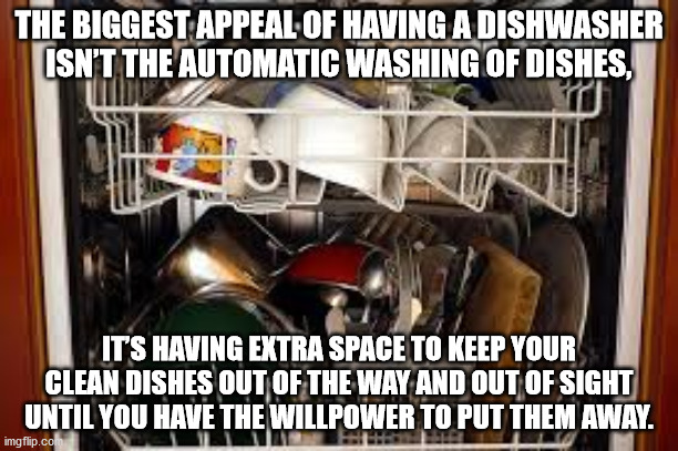 The Biggest Appeal Of Having A Dishwasher Isn'T The Automatic Washing Of Dishes, Its Having Extra Space To Keep Your Clean Dishes Out Of The Way And Out Of Sight Until You Have The Willpower To Put Them Away. imgflip.com