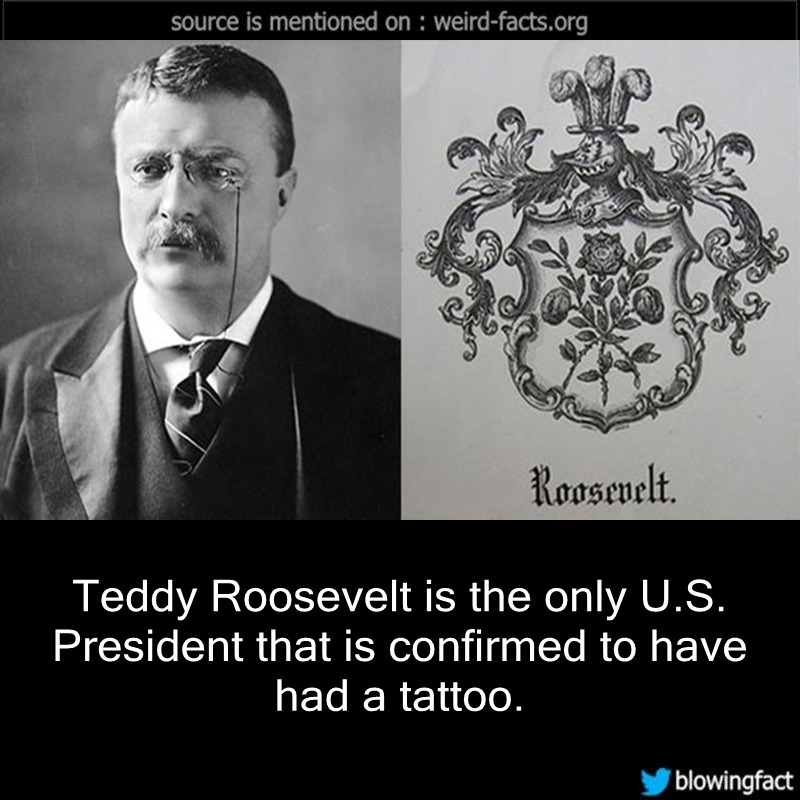teddy roosevelt tattoo - source is mentioned on weirdfacts.org e Roosevelt. Teddy Roosevelt is the only U.S. President that is confirmed to have had a tattoo. blowingfact