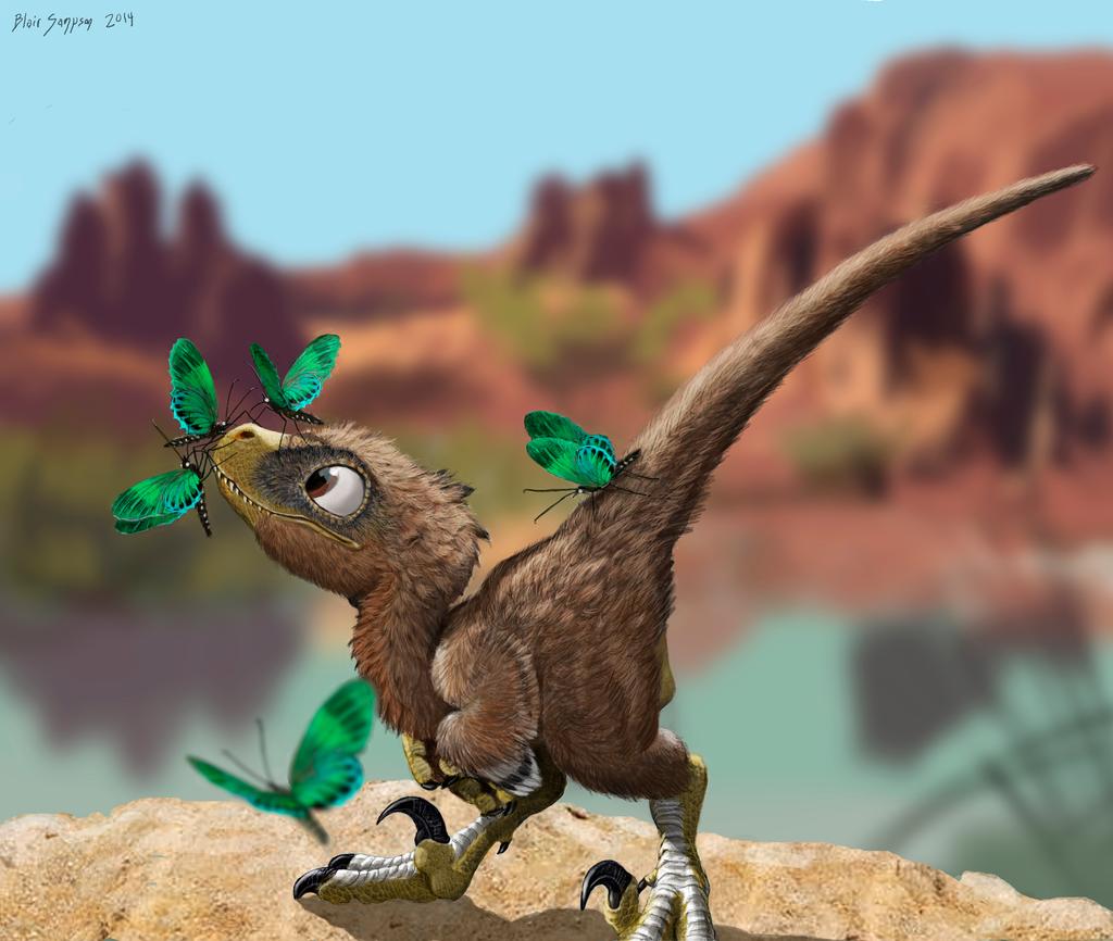 baby velociraptor cute covered in green butterflies