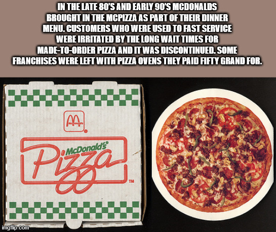 mcdonalds pizza - In The Late 80'S And Early 90'S Mcdonalds Brought In The Mcpizza As Part Of Their Dinner Menu.Customers Who Were Used To Fast Service Were Irritated By The Long Wait Times For MadeToOrder Pizza And It Was Discontinued. Some Franchises We