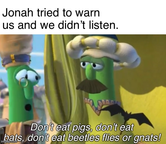 cartoon - Jonah tried to warn us and we didn't listen. Don't eat pigs, don't eat bats, don't eat beetles flies or gnats! imgflip.com