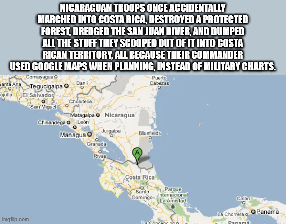 map - Nicaraguan Troops Once Accidentally Marched Into Costa Rica, Destroyed A Protected Forest. Dredged The San Juan River, And Dumped All The Stuff They Scooped Out Of It Into Costa Rican Territory All Because Their Commander Used Google Maps When Plann