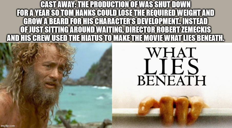photo caption - Cast Away The Production Of Was Shut Down For A Year So Tom Hanks Could Lose The Required Weight And Grow A Beard For His Character'S Development.. Instead Of Just Sitting Around Waiting, Director Robert Zemeckis And His Crew Used The Hiat