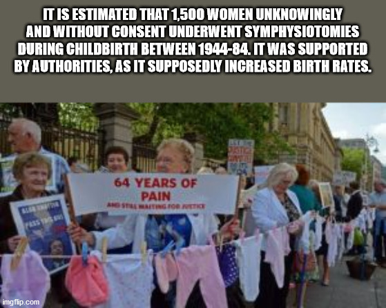 protest - It Is Estimated That 1500 Women Unknowingly And Without Consent Underwent Symphysiotomies During Childbirth Between 194484. It Was Supported By Authorities, As It Supposedly Increased Birth Rates. 64 Years Of Pain Maiting For imgflip.com