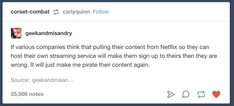 diagram - corsetcombat carlyquinn geekandmisandry If various companies think that pulling their content from Netflix so they can host their own streaming service will make them sign up to theirs then they are wrong. It will just make me pirate their conte