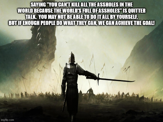 bad ass medieval quotes - Saying "You Can'T Kill All The Assholes In The World Because The World'S Full Of Assholes" Is Quitter Talk. You May Not Be Able To Do It All By Yourself. But If Enough People Do What They Can, We Can Achieve The Goal! imgflip.com