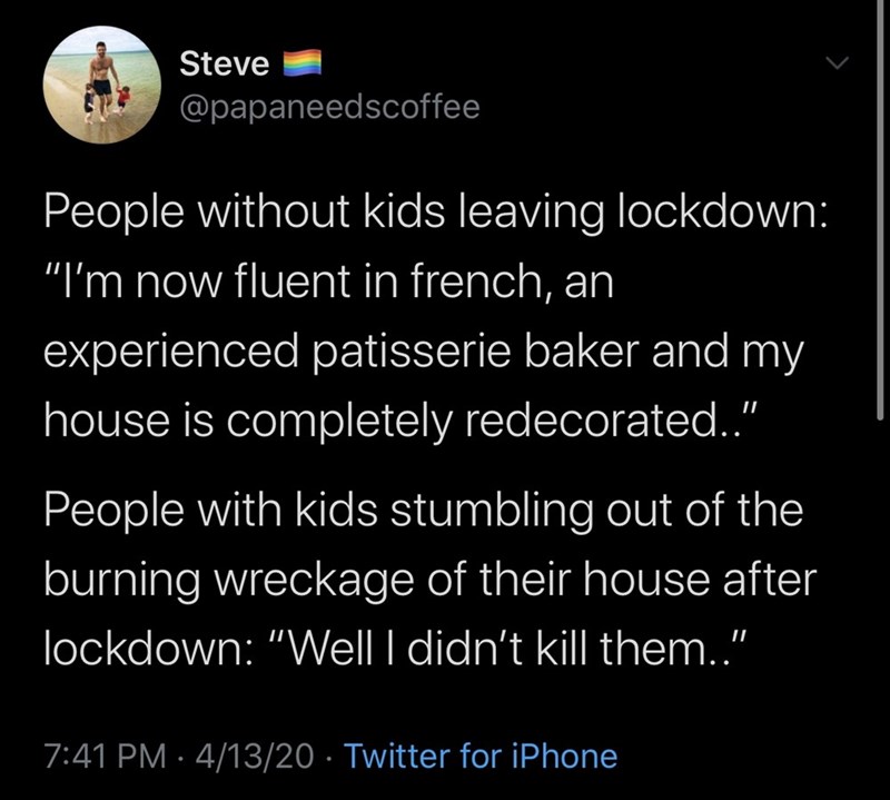 atmosphere - Steve 7 People without kids leaving lockdown "I'm now fluent in french, an experienced patisserie baker and my house is completely redecorated.." People with kids stumbling out of the burning wreckage of their house after 'lockdown "Well I di