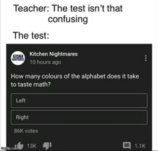 multimedia - Teacher The test isn't that confusing The test Gipe Kitchen Nightmares 10 hours ago How many colours of the alphabet does it take to taste math? Left Right 86K votes 13K I B augtip.com Or