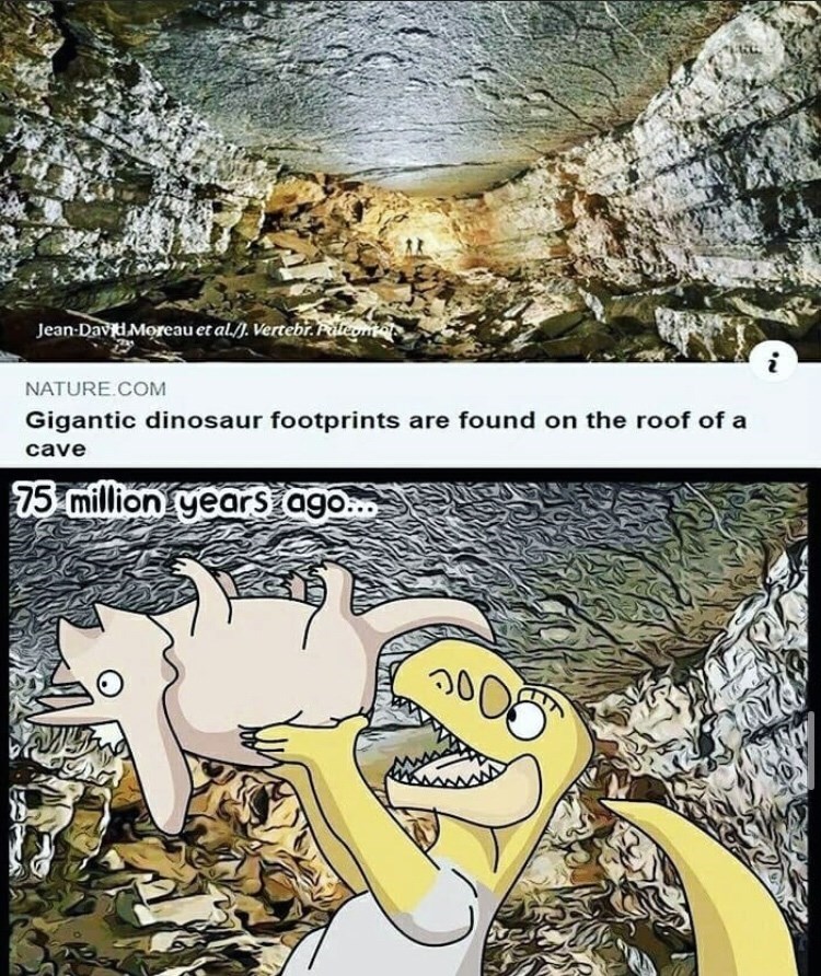 cartoon - JeanDavu Moreau et al.J. Vertebr. Pileo Nature.Com Gigantic dinosaur footprints are found on the roof of a cave 75 million years ago 2008