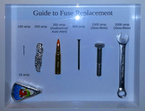 electrician fails - Guide to Fuse Replacement 100 amp 250 amp 350 amp Audiovisual AutoAlert 600 amp 1500 amp SlowBlow 2000 amp SlowBlow 11 Grons Vanadun 16 amp 11