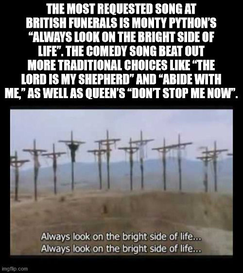 always look on the bright - The Most Requested Song At British Funerals Is Monty Python'S Always Look On The Bright Side Of Life". The Comedy Song Beat Out More Traditional Choices The Lord Is My Shepherd' And "Abide With Me" As Well As Queen'S Don'T Stop