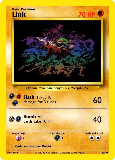 punch out pokemon cards - Basic Pokmon Link 70 Hp Human Pokmon. Length 5,7, Weight 160 Slash Takes 10 damage for 3 turns 60 Bomb All cards take Ohp weakness retreat cost resistance 03 Zelda waits on her Knight. Illus. Mity 1995, 96, 98 Nintendo, Creatures
