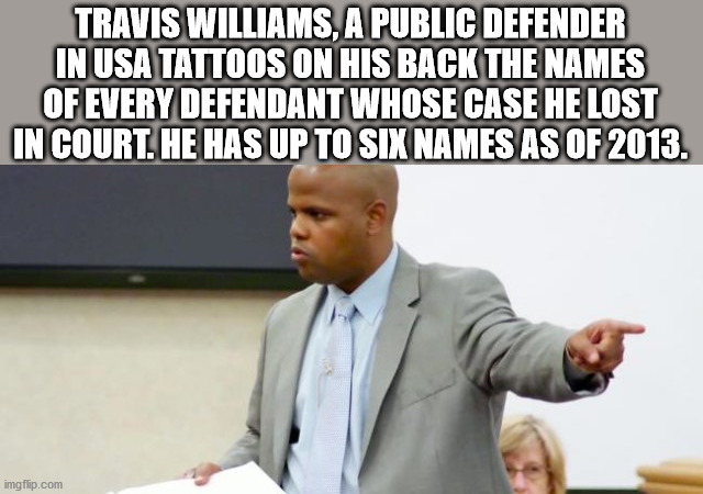 public speaking - Travis Williams, A Public Defender In Usa Tattoos On His Back The Names Of Every Defendant Whose Case He Lost In Court. He Has Up To Six Names As Of 2013. imgflip.com