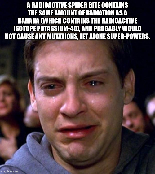 tobey maguire spiderman crying - A Radioactive Spider Bite Contains The Same Amount Of Radiation As A Banana Which Contains The Radioactive Isotope Potassium40, And Probably Would Not Cause Any Mutations, Let Alone SuperPowers. imgflip.com