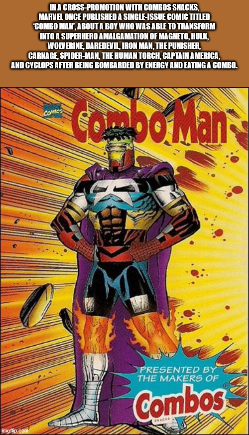 marvel combo man - In A Cross Promotion With Combos Snacks, Marvel Once Published A SingleIssue Comic Titled Combo Man, About A Boy Who Was Able To Transform Into A Superhero Amalgamation Of Magneto, Hulk, Wolverine, Daredevil, Iron Man, The Punisher, Car