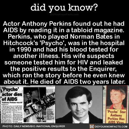 did you know facts - did you know? DidYouKnowFacts.com Actor Anthony Perkins found out he had Aids by reading it in a tabloid magazine. Perkins, who played Norman Bates in Hitchcock's 'Psycho', was in the hospital in 1990 and had his blood tested for anot