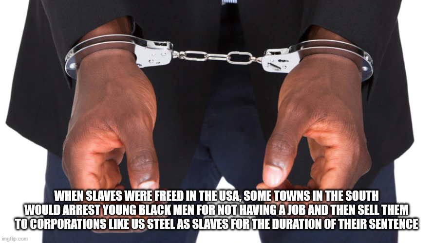 arrest - When Slaves Were Freed In The Usa, Some Towns In The South Would Arrest Young Black Men For Not Having A Job And Then Sell Them Tocorporations Us Steel As Slaves For The Duration Of Their Sentence imgflip.com