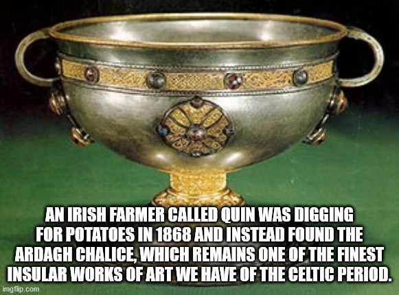 unexpected facts you now know -  An Irish Farmer Called Ouin Was Digging For Potatoes In 1868 And Instead Found The Ardagh Chalice, Which Remains One Of The Finest Insular Works Of Art We Have Of The Celtic Period.