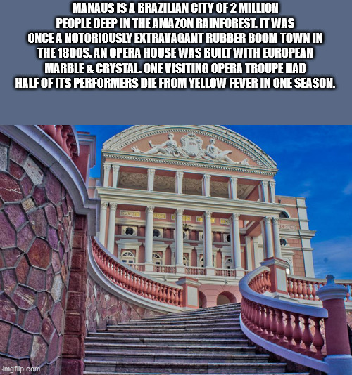 unexpected facts you now know - Manaus Is A Brazilian City Of 2 Million People Deep In The Amazon Rainfores. It Was Once A Notoriously Extravagant Rubber Boom Town In The 1800S. An Opera House Was Built With European Marble & Crystal. One Visiting opera t